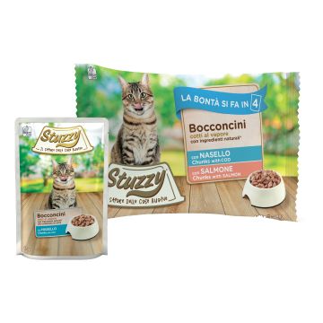 Stuzzy Gatto Bocconcini Multipack Adulto Nasello & Salmone Cf. (4X85) Gr