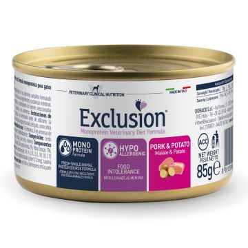 Exclusion monoprotein veterinary diet formula cat hypoallergenic pork and potato 85 g