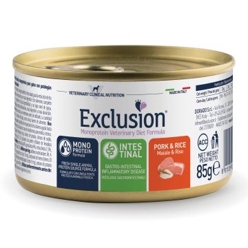 Exclusion monoprotein veterinary diet formula cat intestinal pork and rice 85 g
