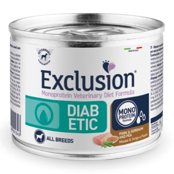 Exclusion Cane Diet Diabetic Adulto All Breeds Maiale, Sorgo & Piselli Lattina 200 Gr