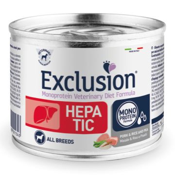 Exclusion Cane Diet Hepatic Adulto All Breeds Maiale, Riso & Piselli Lattina 200 Gr