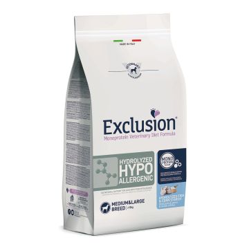 Exclusion Cane Diet Hydrolyzed Hypoallergenic Adulto Medium&Large Pesce & Amido Di Mais 12 Kg