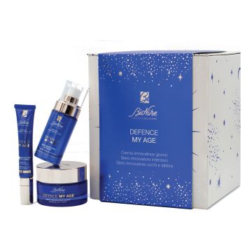 Kit natale 2022 defence myage siero rinnovatore intensivo 30 ml + crema rinnovatrice giorno 50 ml + siero rinnovatore occhi e labbra 15 ml