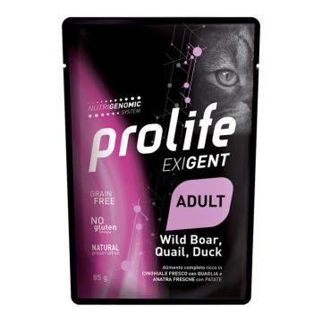 Prolife Gatto Exigent Adulto Cinghiale, Quaglia, Anatra & Patate Busta 85 Gr