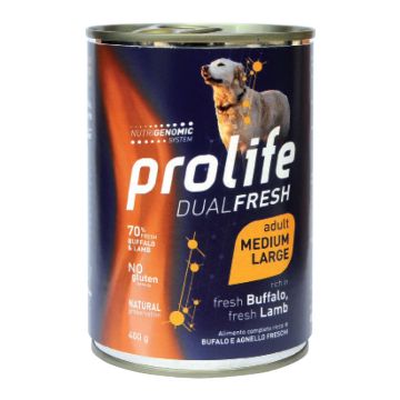 Prolife Cane Dual Fresh Adulto Medium&Large Bufalo, Agnello & Riso Lattina 400 Gr