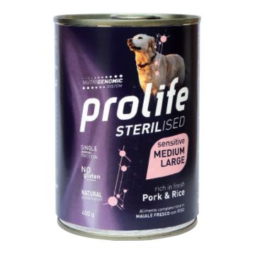 Prolife Cane Sterilised Sensitive Adulto Medium&Large Maiale & Riso Lattina 400 Gr