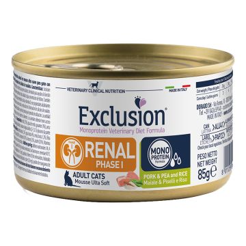 Exclusion Gatto Diet Renal Fase 1 Adulto Maiale, Piselli & Riso Lattina 85 Gr
