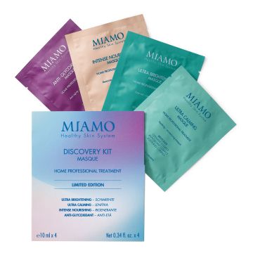 Miamo discovery box 1 longevity plus intense nourishing masque 10 ml + 1 anti glycoxidant masque 10 ml + 1 ultra calming masque 10 ml + 1 ultra brightening masque 10 ml