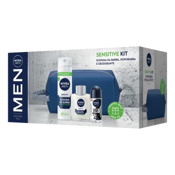 Nivea men sensitive kit 2023 schiuma barba 200 ml + balsamo dopobarba 100 ml + black&white invisible deodorante roll-on 50 ml + travel bag