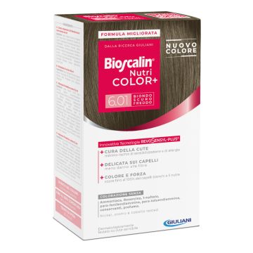 Bioscalin nutri color+ 6,01 biondo scuro freddo crema colorante 40 ml + rivelatore crema 60 ml + shampoo 12 ml + balsamo 12 ml + guanti usa e getta