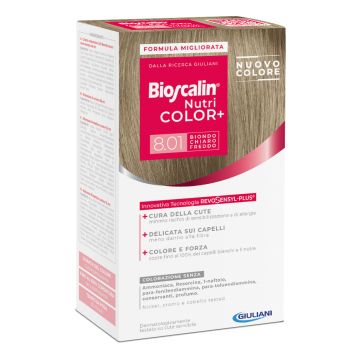 Bioscalin nutri color+ 8,01 biondo chiaro freddo crema colorante 40 ml + rivelatore crema 60 ml + shampoo 12 ml + balsamo 12 ml + guanti usa e getta