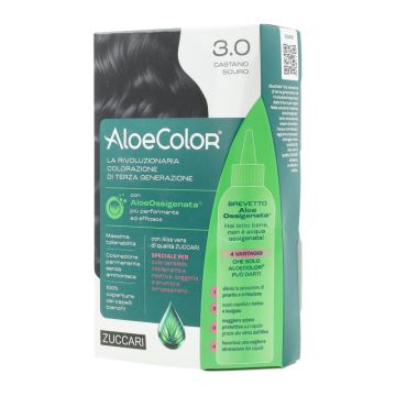 Aloecolor 3,0 castano scuro tinta permanente capelli colore ad alta pigmentazione 50 ml + rivelatore aloeossigenata 75 ml + shampoo aloecare 15 ml + guanti