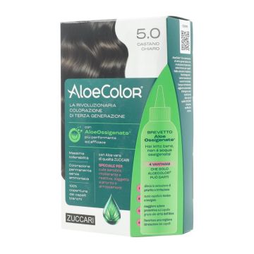 Aloecolor 5,0 castano chiaro tinta permanente capelli colore ad alta pigmentazione 50 ml + rivelatore aloeossigenata 75 ml + shampoo aloecare 15 ml + guanti