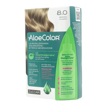 Aloecolor 8,0 biondo chiaro tinta permanente capelli colore ad alta pigmentazione 50 ml + rivelatore aloeossigenata 75 ml + shampoo aloecare 15 ml + guanti