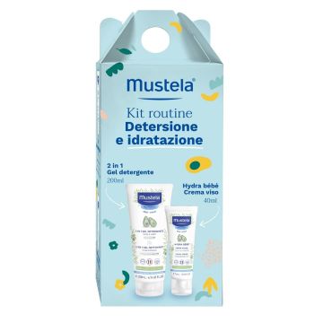Mustela kit routine detergente & idratante 1 gel detergente 2 in 1 200 ml + 1 hydra bebe' crema viso 40 ml