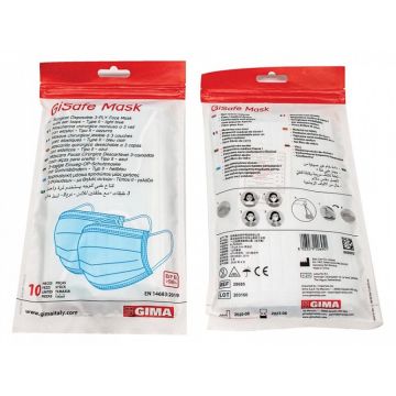 Mascherina Chirurgica Filtrante 98% 3 Veli Tipo IIR con Elastici Adulti Azzurra 10 Pezzi