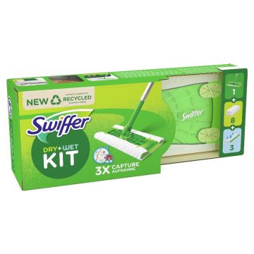 SWIFFER - Dry+Wet Kit - 1 Scopa + 8 Panni Asciutti + 3 Panni Umidi