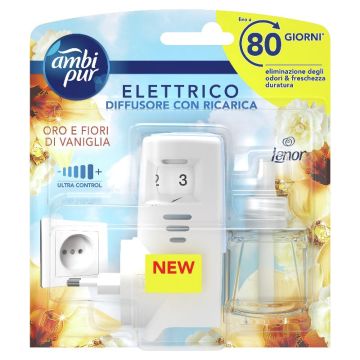 AMBI PUR - Starter Kit - Diffusore Elettrico Mono Per Ambienti Ai Fiori Di Vaniglia E Oro Da 20 Ml