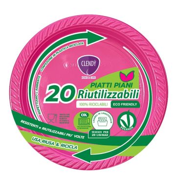 CLENDY PIATTI PIANI 20PEZZI  RIUTILIZZABILI FUCSIA