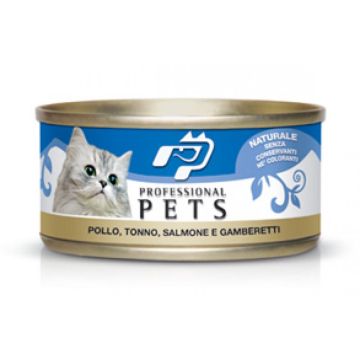 Pet Professional Gatto Adulto Pollo, Tonno, Salmone & Gamberetti Lattina 70 Gr