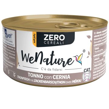 Wenature Gatto Zero Cereali Lattina In Jelly Adulto Tonno & Cernia 85 Gr