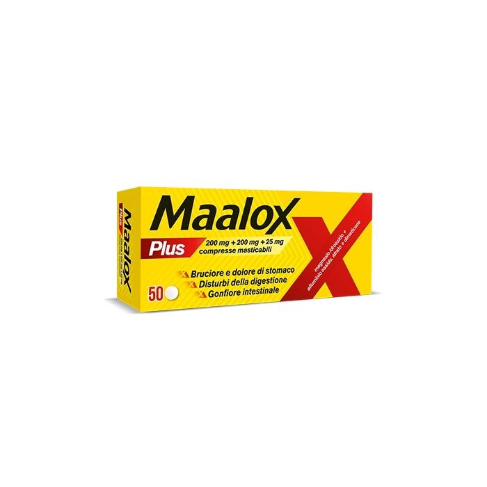 Maalox Plus Bruciore di stomaco, cattiva digestione, iperacidità di stomaco, 50 Compresse