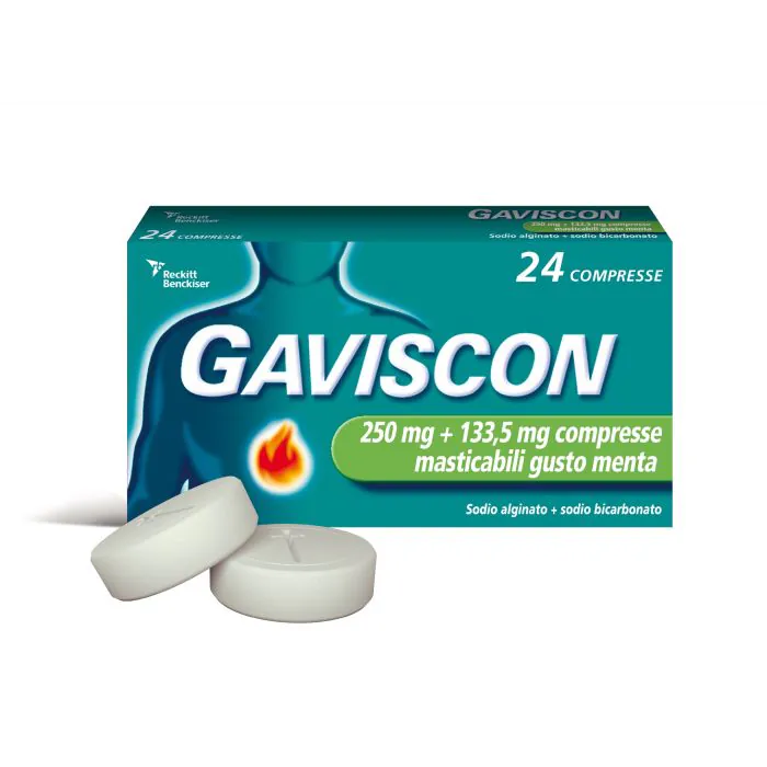 Gaviscon 250+133,5mg Gusto Menta Bruciore di Stomaco 24 Compresse Masticabili Gaviscon 250+133,5mg Gusto Menta Bruciore di Stomaco 24 Compresse Masticabili