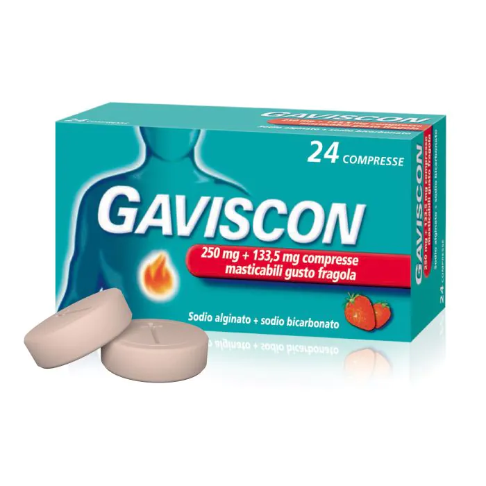 Gaviscon 24 Compresse Fragola Bruciore di Stomaco 250 +133,5 mg Gaviscon 24 Compresse Fragola Bruciore di Stomaco 250 +133,5 mg