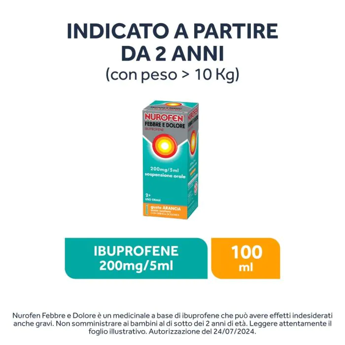 Nurofen Febbre e Dolore Bambini 200 mg/5 ml Ibuprofene Sospensione Orale Arancia 100 ml