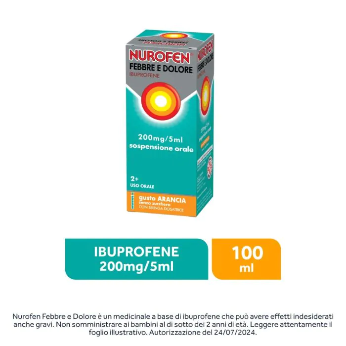 Nurofen Febbre e Dolore Bambini 200 mg/5 ml Ibuprofene Sospensione Orale Arancia 100 ml