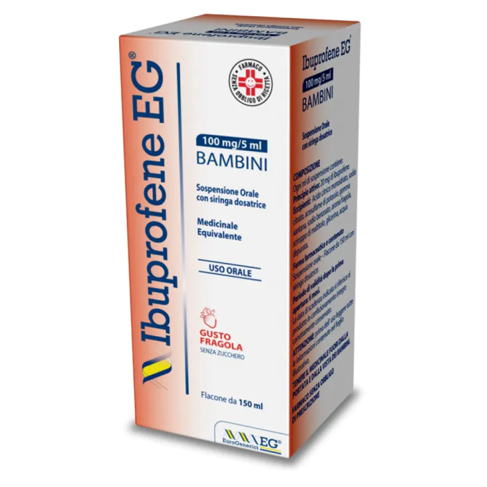 Ibuprofene EG Bambini 100 mg/5 ml Sospensione Orale Gusto Fragola Senza Zucchero 150 ml