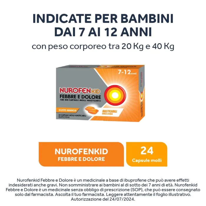 NurofenKid Febbre e Dolore 100 mg Ibuprofene 24 Capsule Molli Masticabili