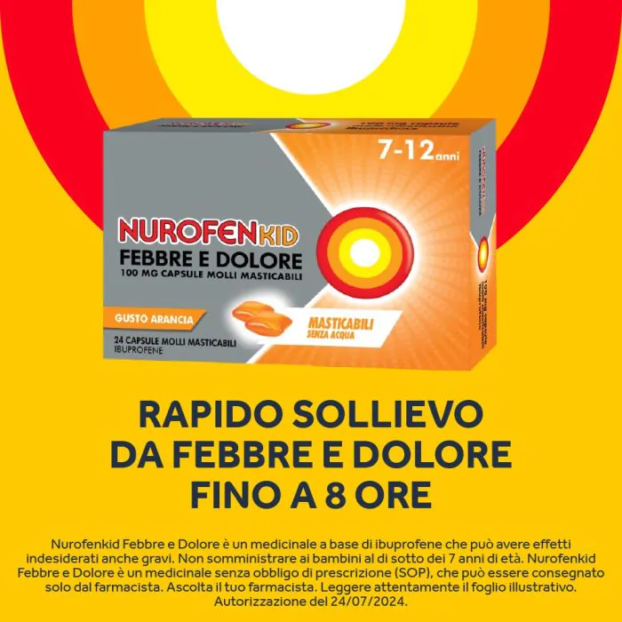 NurofenKid Febbre e Dolore 100 mg Ibuprofene 24 Capsule Molli Masticabili