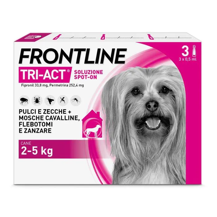 Frontline Tri-Act x3 Pipette, Antiparassitario Per Cani e Cuccioli (Taglia XS 2-5Kg) Contro Pulci, Zecche, Zanzare, Pappataci e Leishmaniosi