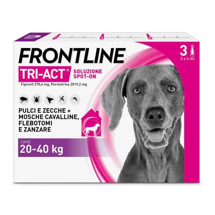 Frontline Tri-Act x3 Pipette, Antiparassitario Per Cani e Cuccioli (Taglia L 20-40Kg) Contro Pulci, Zecche, Zanzare, Pappataci e Leishmaniosi Frontline Tri-Act x3 Pipette, Antiparassitario Per Cani e Cuccioli (Taglia L 20-40Kg) Contro Pulci, Zecche, Zanzare, Pappataci e Leishmaniosi