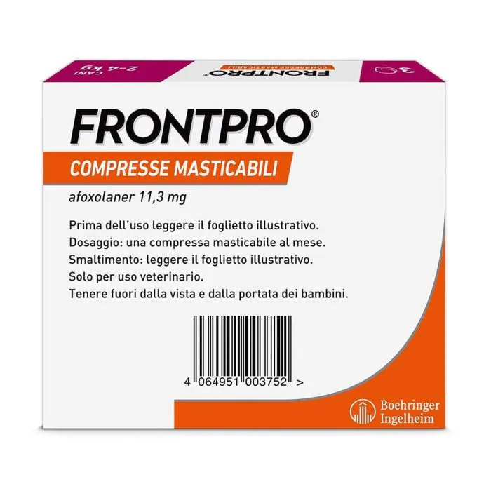 FRONTPRO x3 Compresse Masticabili  Antiparassitario Per Cani (2-4Kg) Contro Pulci, Zecche, Uova e Larve