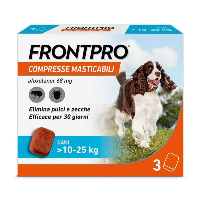 FRONTPRO x3 Compresse Masticabili Antiparassitario Per Cani (10-25Kg) Contro Pulci, Zecche, Uova e Larve