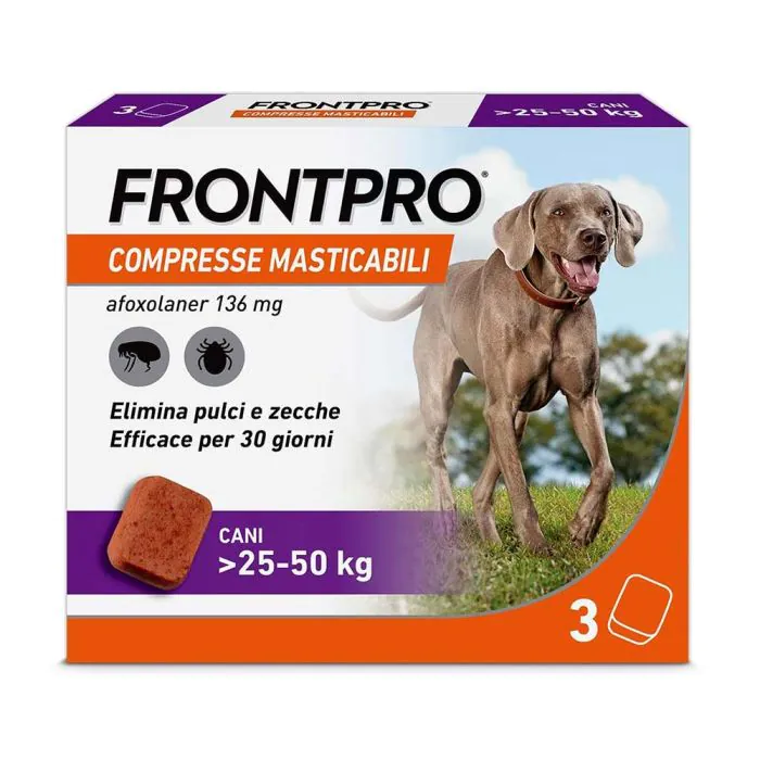 FRONTPRO x3 Compresse Masticabili Antiparassitario Per Cani (25-50Kg) Contro Pulci, Zecche, Uova e Larve FRONTPRO x3 Compresse Masticabili Antiparassitario Per Cani (25-50Kg) Contro Pulci, Zecche, Uova e Larve