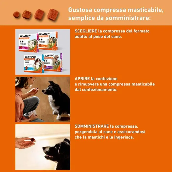 FRONTPRO x3 Compresse Masticabili Antiparassitario Per Cani (25-50Kg) Contro Pulci, Zecche, Uova e Larve