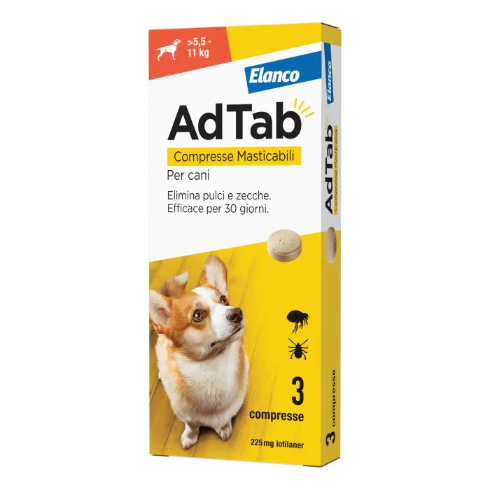 Adtab Per Cani Da 5,5 A 11Kg 3 Compresse Masticabili 225 Mg Adtab Per Cani Da 5,5 A 11Kg 3 Compresse Masticabili 225 Mg