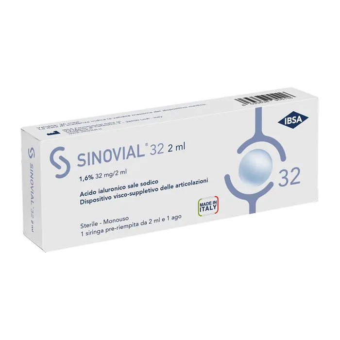 Siringa Intra-Articolare Sinovial 32 Acido Ialuronico 1,6% 32 mg/2 ml 1 Fs + Ago Gauge 21 1 Pezzo Siringa Intra-Articolare Sinovial 32 Acido Ialuronico 1,6% 32 mg/2 ml 1 Fs + Ago Gauge 21 1 Pezzo