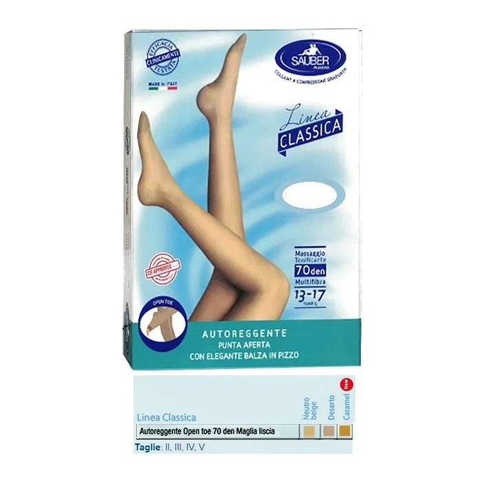 Sauber autoreggente open toe maglia liscia 70 den colore neutro beige taglia 3 linea classica Sauber autoreggente open toe maglia liscia 70 den colore neutro beige taglia 3 linea classica