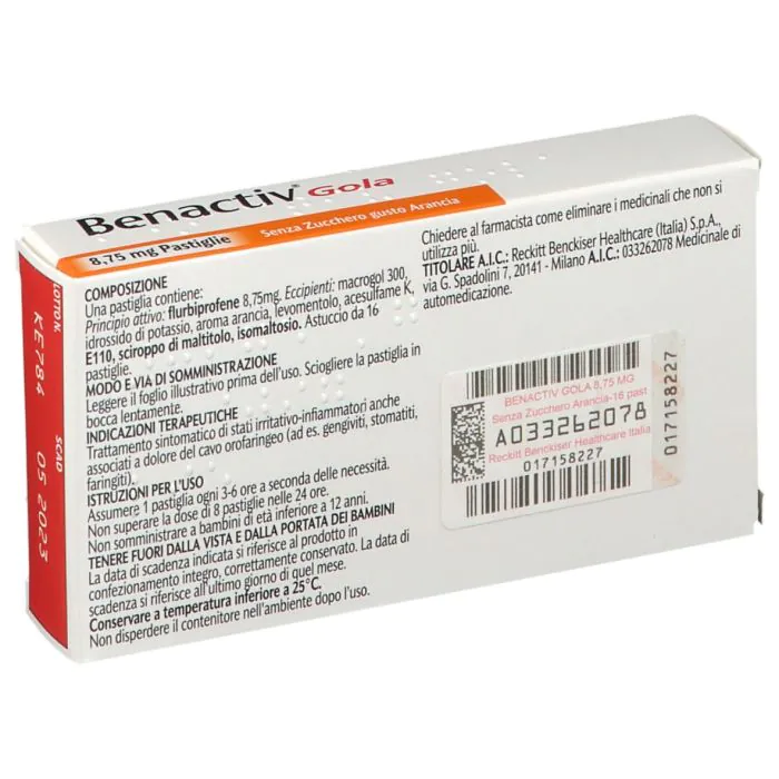 Benactiv Gola Pastiglie Senza Zucchero Gusto Arancia Flurbiprofene 16 Pastiglie