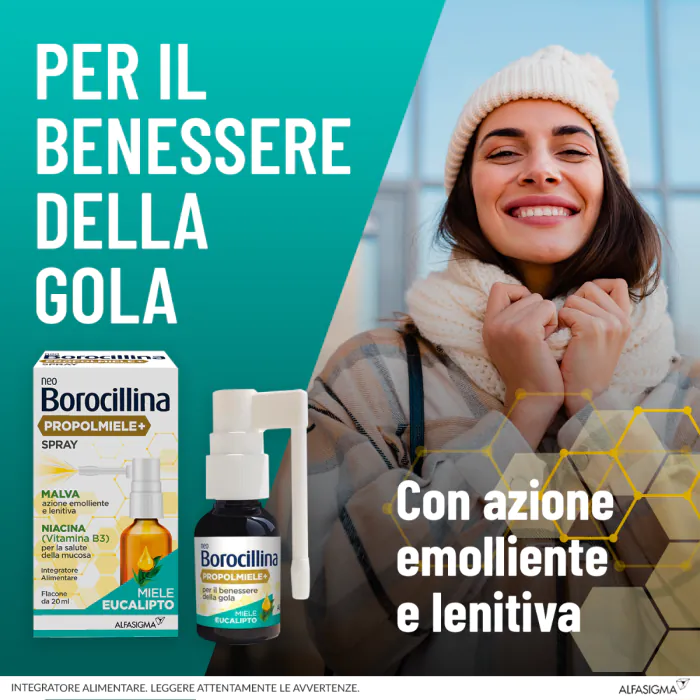  Neoborocillina Propolmiele+ Spray Integratore per il Benessere della Gola Miele Eucalipto 20 ml