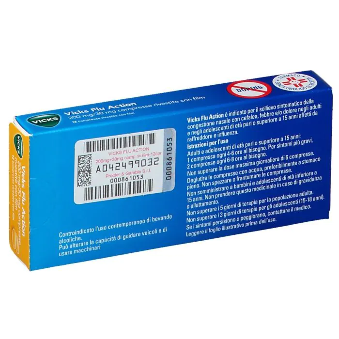Vicks Flu Action 200 mg/ 30 mg Ibuprofene Pseudoefedrina 12 Compresse