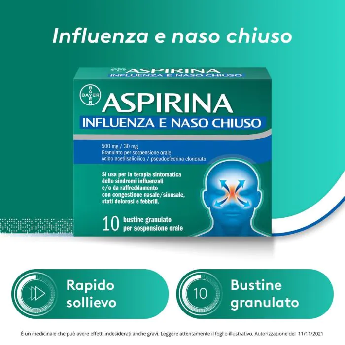 Aspirina Influenza e Naso Chiuso Decongestionante 10 Bustine