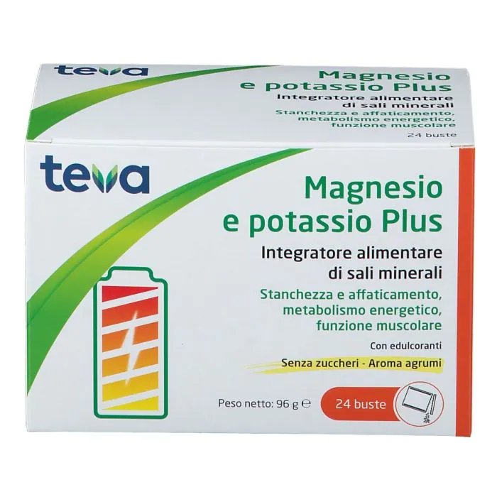 Magnesio e Potassio Plus Teva Integratore di Sali Minerali 24 Bustine Magnesio e Potassio Plus Teva Integratore di Sali Minerali 24 Bustine