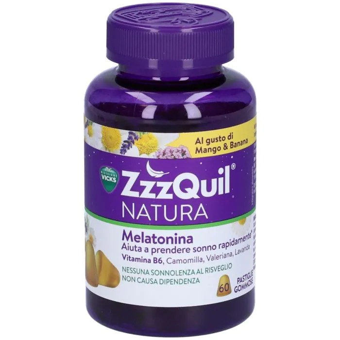 Vicks ZzzQuil Natura Per Dormire 60 Pastiglie Gommose Mango Banana con Melatonina Camomilla Valeriana Lavanda Vicks ZzzQuil Natura Per Dormire 60 Pastiglie Gommose Mango Banana con Melatonina Camomilla Valeriana Lavanda