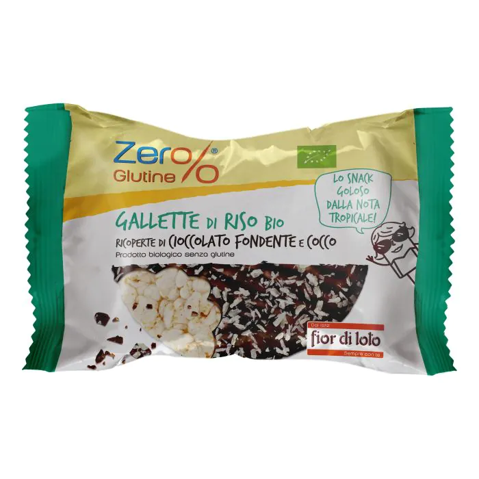 Zer%glutine gallette di riso con cioccolato fondente e cocco Zer%glutine gallette di riso con cioccolato fondente e cocco