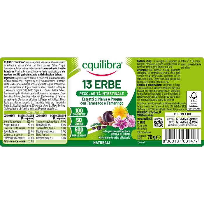 Equilibra 13 Erbe con Fibra Integratore Transito Intestinale 100 Compresse